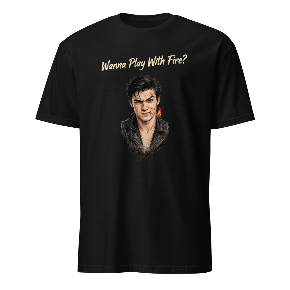 Black Wanna Play With Fire? graphic T-shirt featuring an illustrated man holding a lit match.