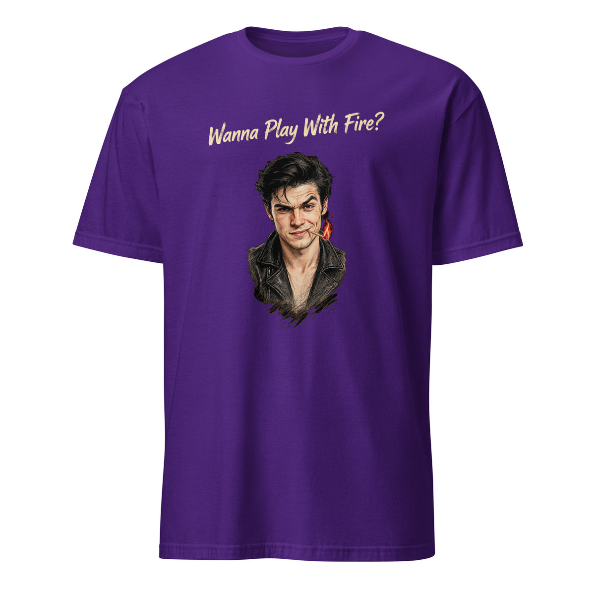 Purple Wanna Play With Fire? graphic T-shirt featuring an illustrated man holding a lit match.