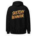 Signature Back Hoodie by Sketchy Behavior, Black, back view — large antique-gold Sketchy Behavior wordmark across the back, unisex pullover hoodie