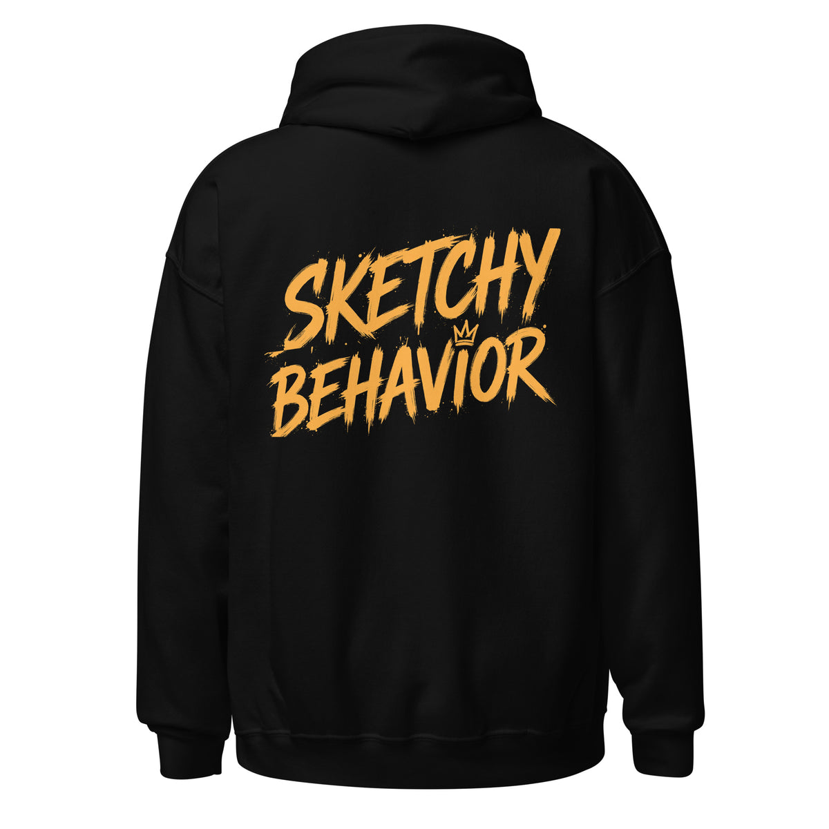 Signature Back Hoodie by Sketchy Behavior, Black, back view — large antique-gold Sketchy Behavior wordmark across the back, unisex pullover hoodie