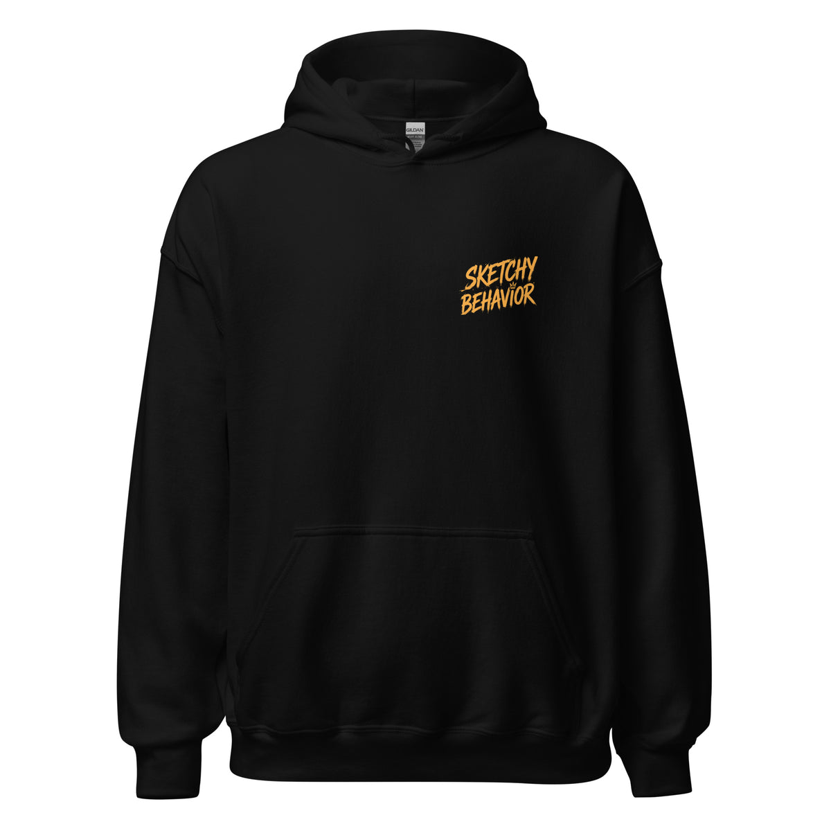 Signature Back Hoodie by Sketchy Behavior, Black, front view — small antique-gold Sketchy Behavior wordmark on the left chest, unisex pullover hoodie