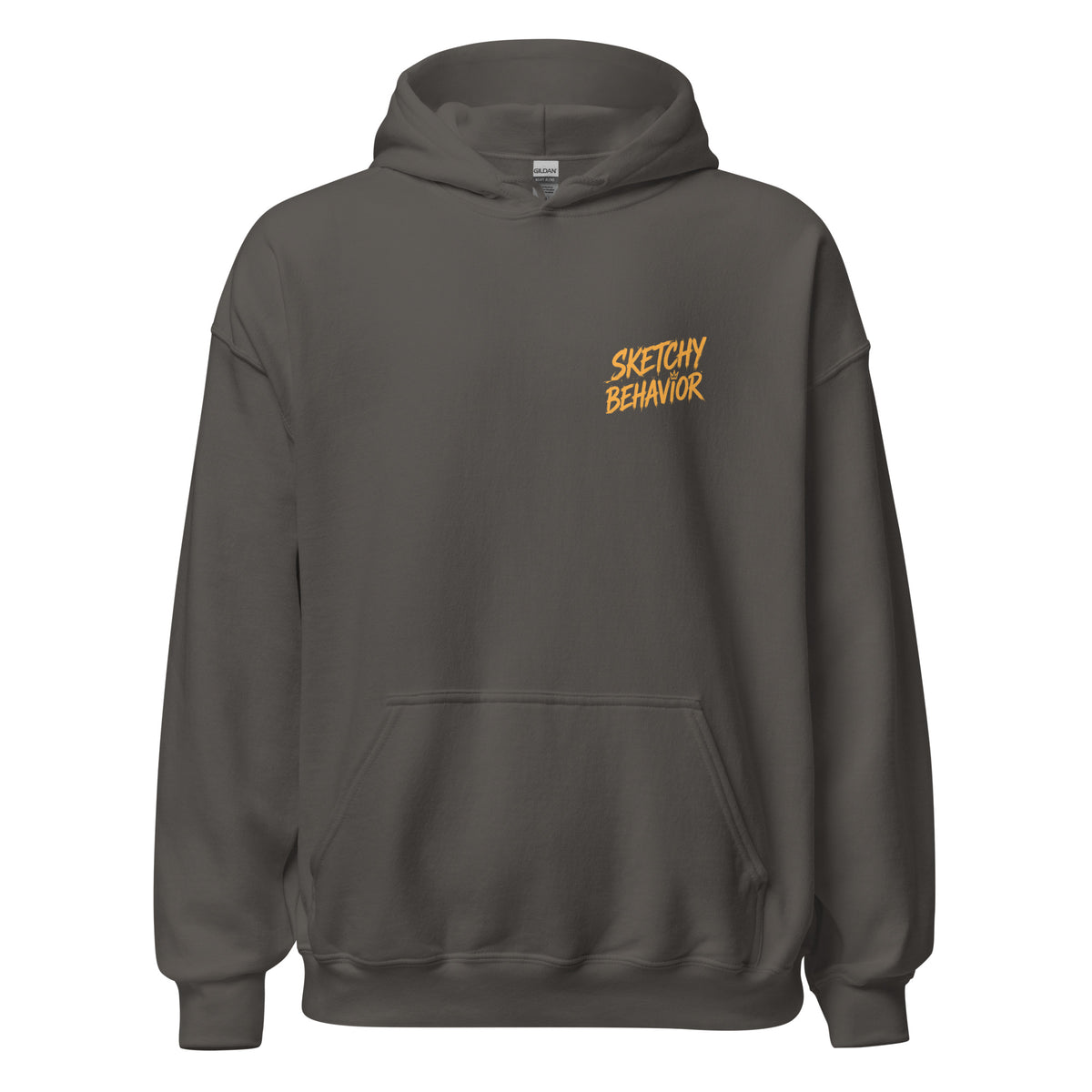 Signature Back Hoodie by Sketchy Behavior, Charcoal, front view — small antique-gold Sketchy Behavior wordmark on the left chest, unisex pullover hoodie