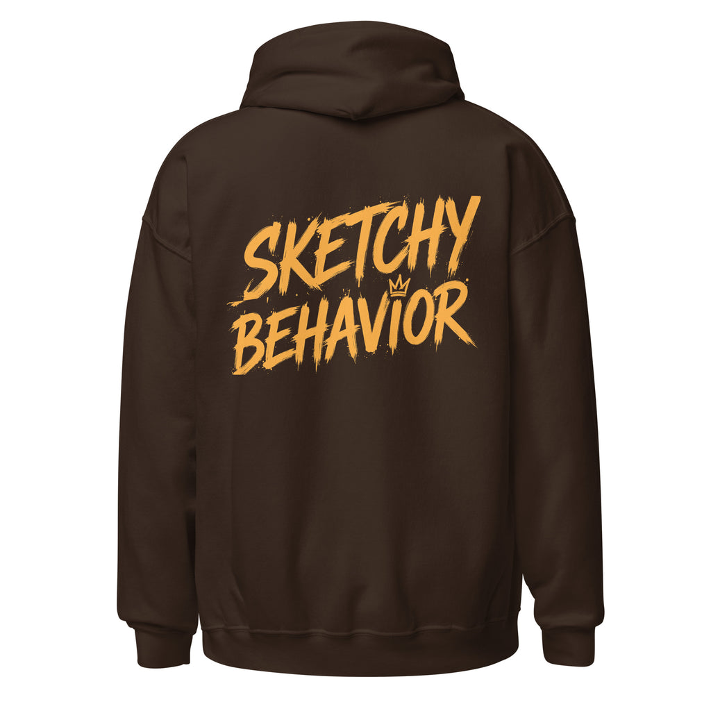 Signature Back Hoodie by Sketchy Behavior, Dark Chocolate, back view — large antique-gold Sketchy Behavior wordmark across the back, unisex pullover hoodie