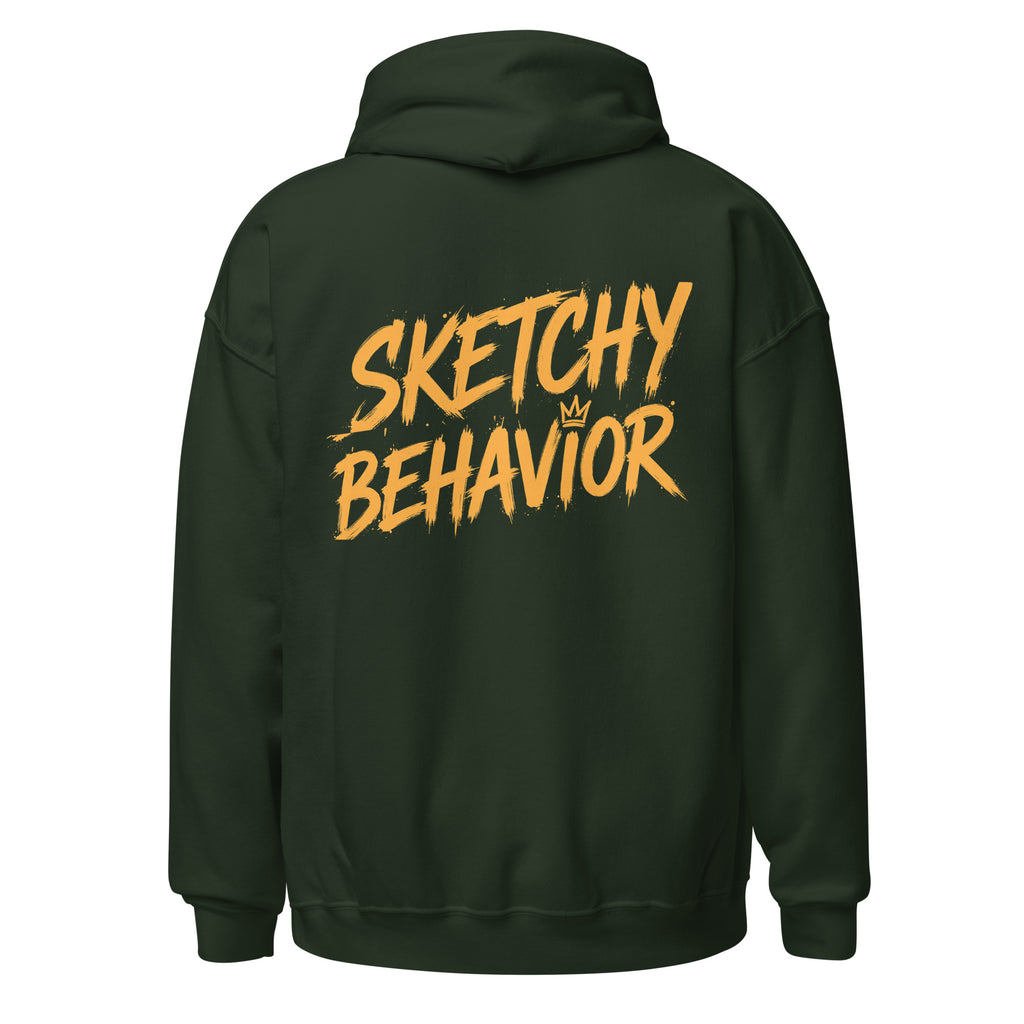 Signature Back Hoodie by Sketchy Behavior, Forest Green, back view — large antique-gold Sketchy Behavior wordmark across the back, unisex pullover hoodie