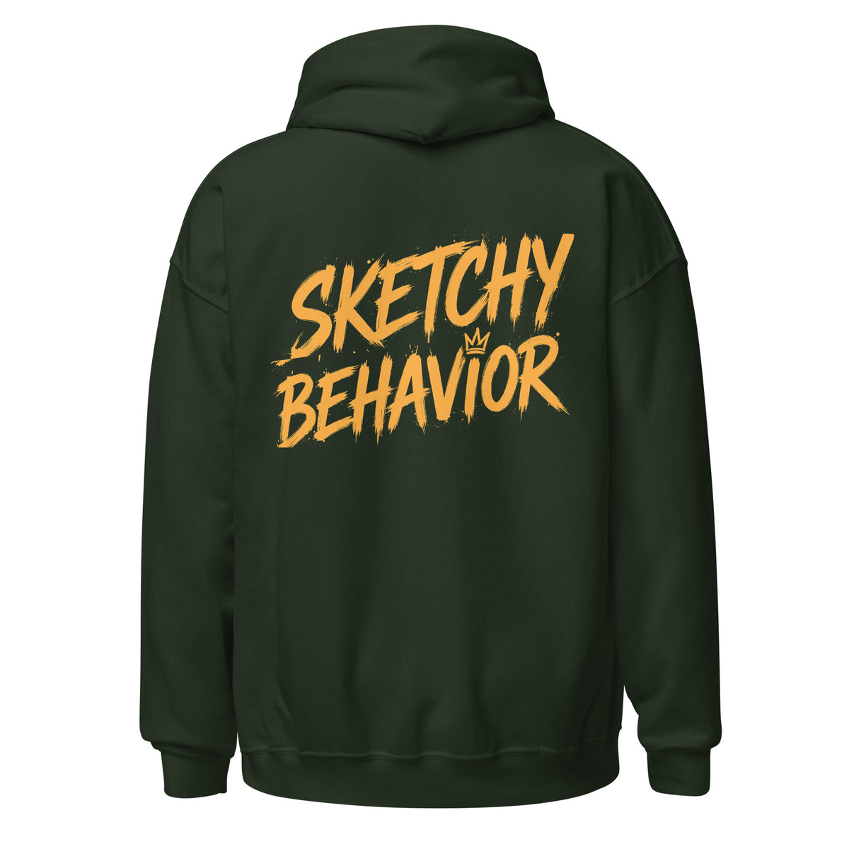 Signature Back Hoodie by Sketchy Behavior, Forest Green, back view — large antique-gold Sketchy Behavior wordmark across the back, unisex pullover hoodie