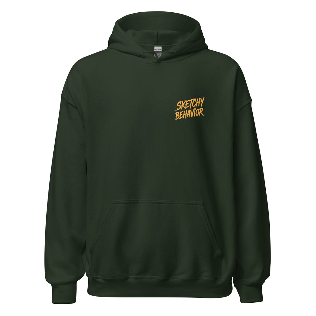 Signature Back Hoodie by Sketchy Behavior, Forest Green, front view — small antique-gold Sketchy Behavior wordmark on the left chest, unisex pullover hoodie