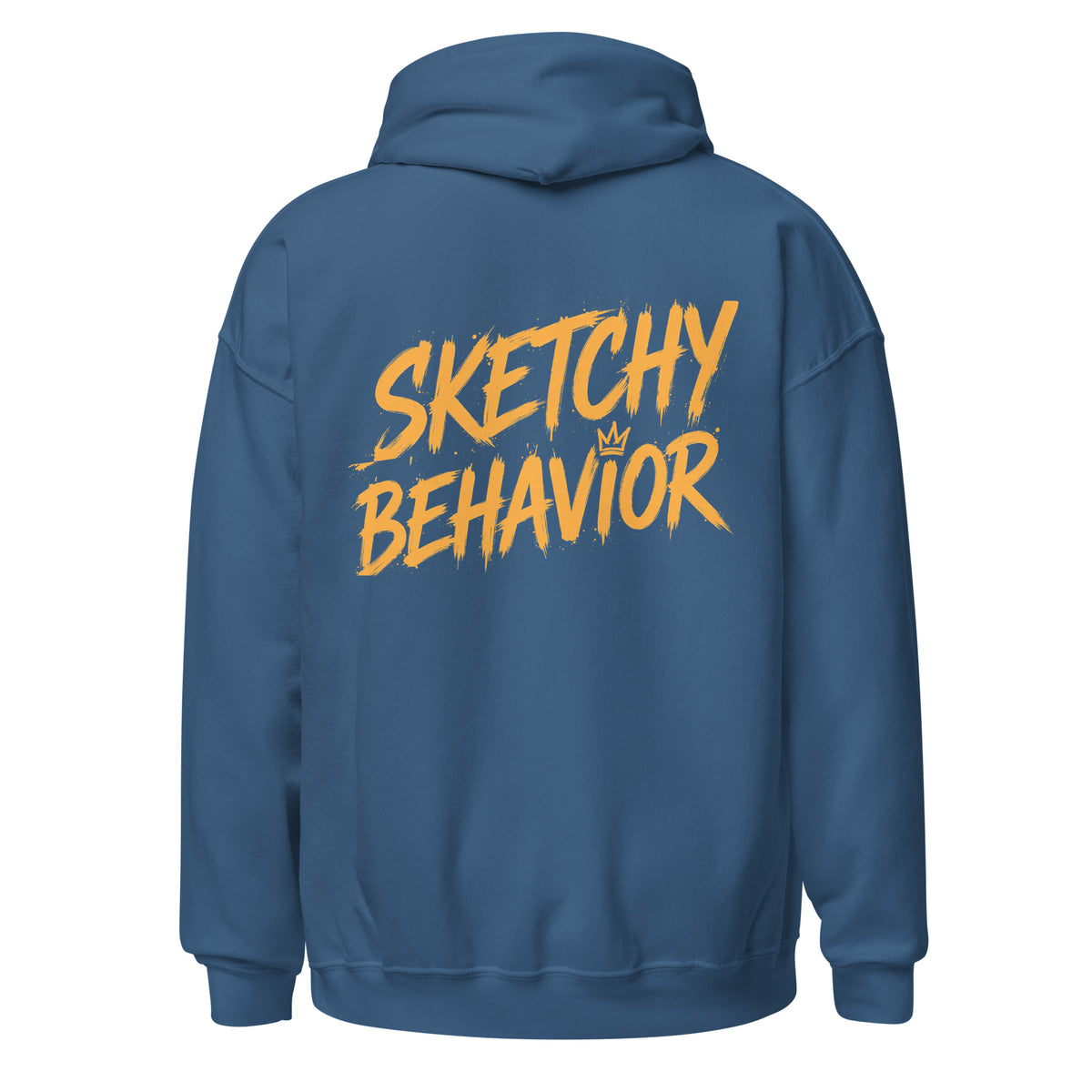 Signature Back Hoodie by Sketchy Behavior, Indigo Blue, back view — large antique-gold Sketchy Behavior wordmark across the back, unisex pullover hoodie