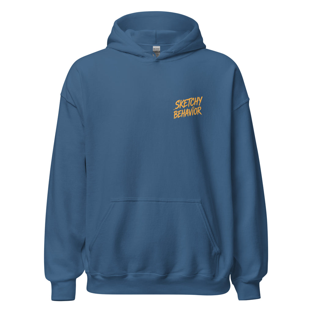 Signature Back Hoodie by Sketchy Behavior, Indigo Blue, front view — small antique-gold Sketchy Behavior wordmark on the left chest, unisex pullover hoodie