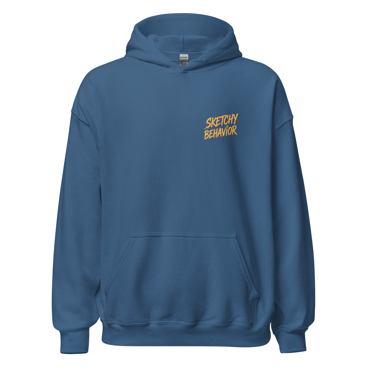 Signature Back Hoodie by Sketchy Behavior, Indigo Blue, front view — small antique-gold Sketchy Behavior wordmark on the left chest, unisex pullover hoodie