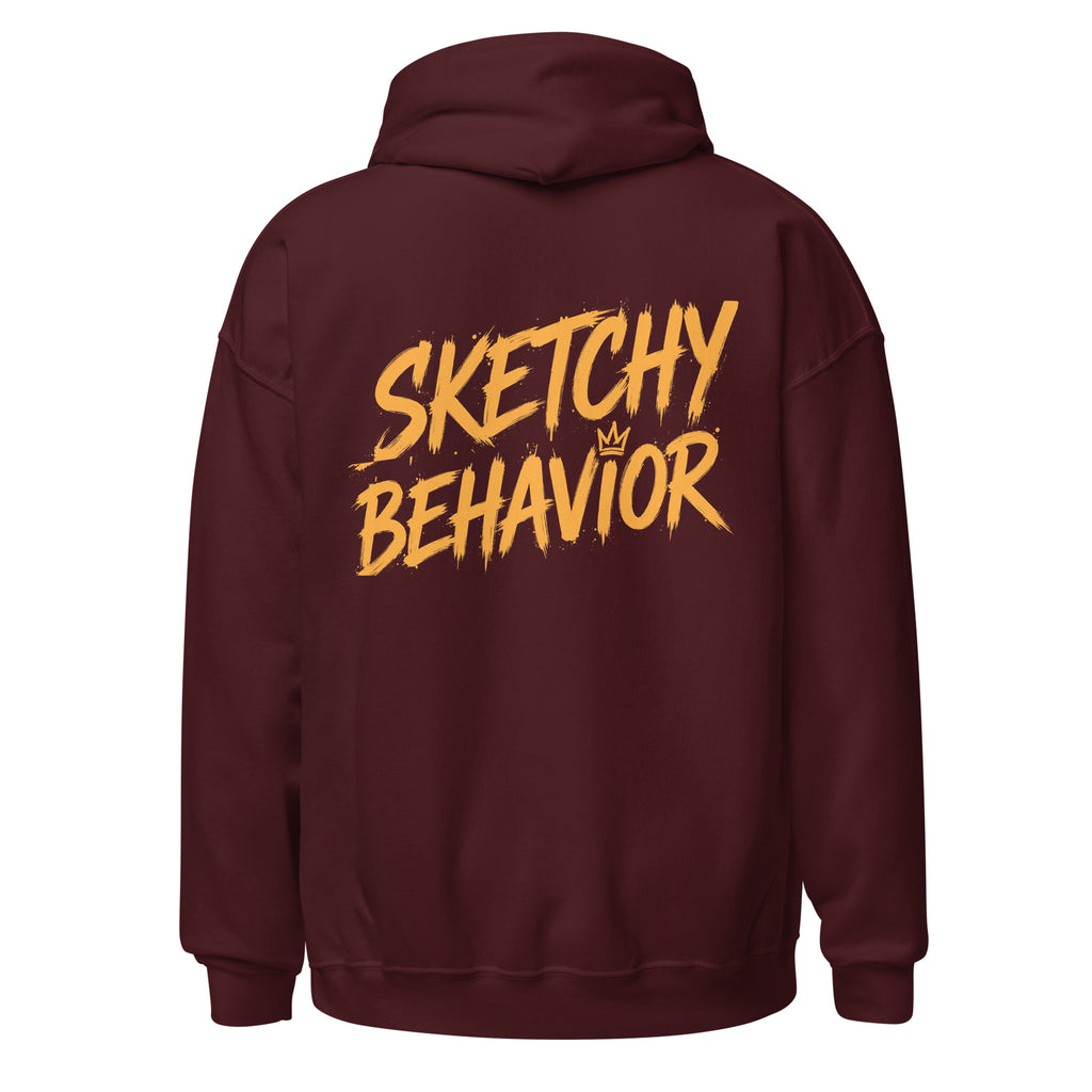 Signature Back Hoodie by Sketchy Behavior, Maroon, back view — large antique-gold Sketchy Behavior wordmark across the back, unisex pullover hoodie