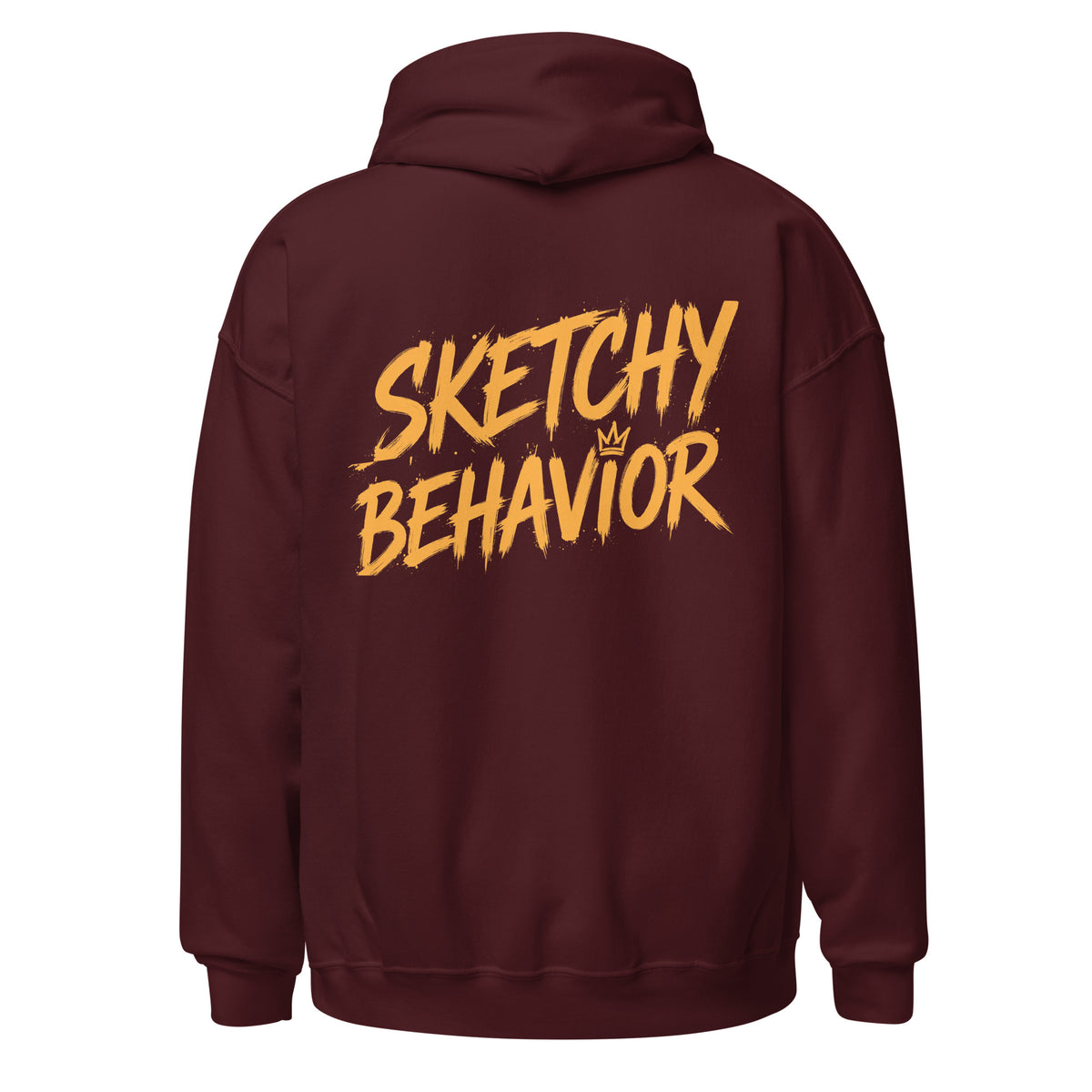 Signature Back Hoodie by Sketchy Behavior, Maroon, back view — large antique-gold Sketchy Behavior wordmark across the back, unisex pullover hoodie