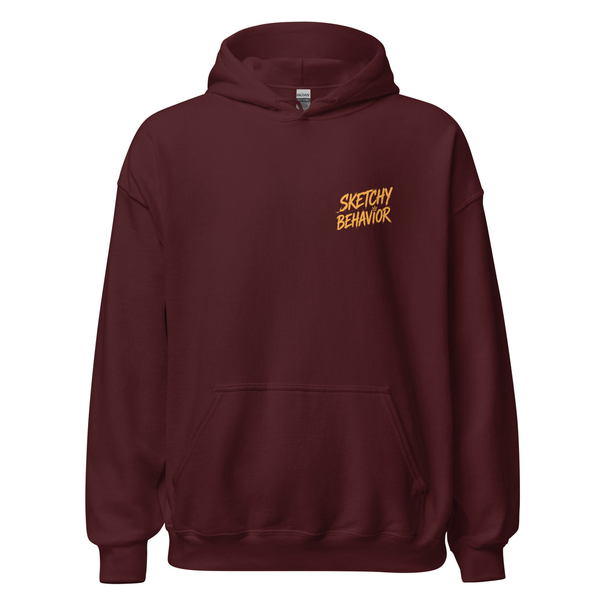 Signature Back Hoodie by Sketchy Behavior, Maroon, front view — small antique-gold Sketchy Behavior wordmark on the left chest, unisex pullover hoodie