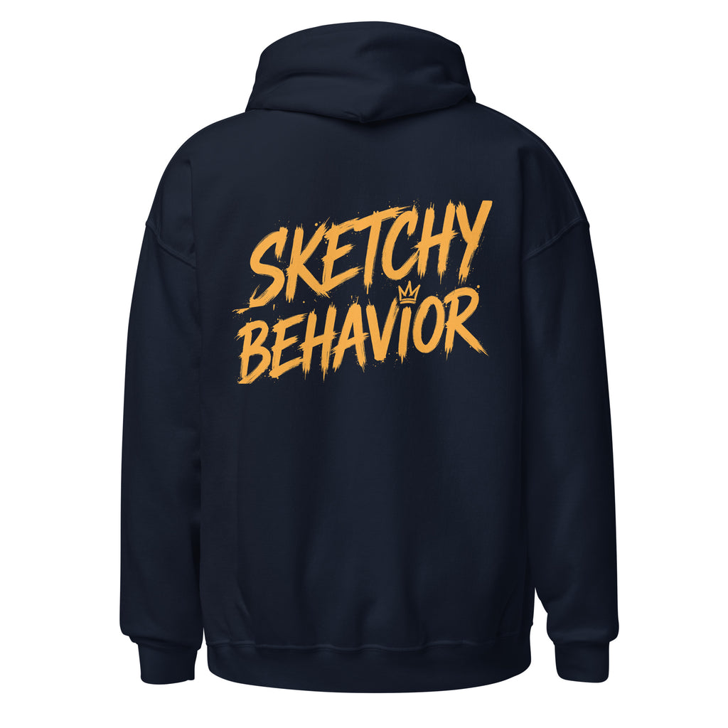 Signature Back Hoodie by Sketchy Behavior, Navy, back view — large antique-gold Sketchy Behavior wordmark across the back, unisex pullover hoodie