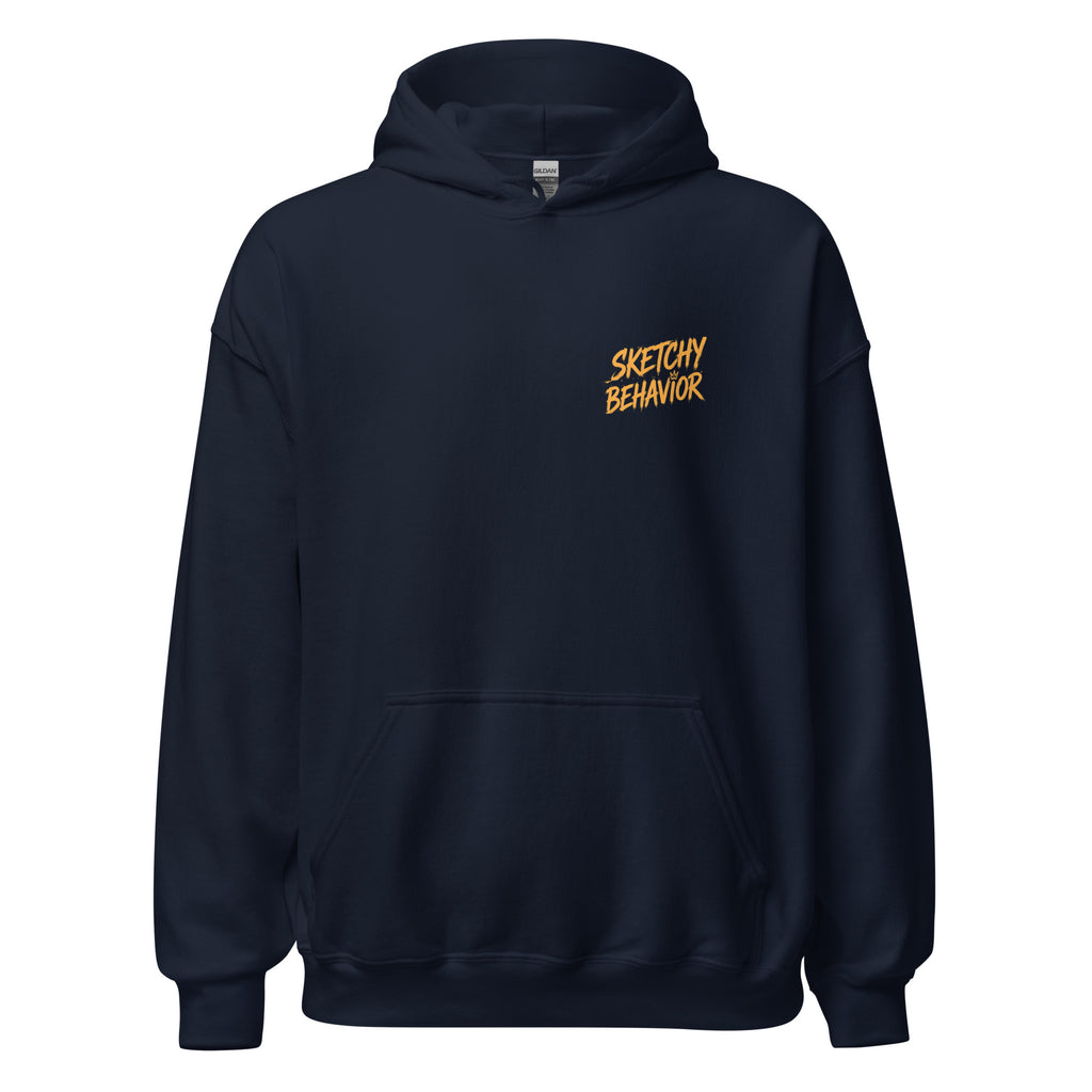 Signature Back Hoodie by Sketchy Behavior, Navy, front view — small antique-gold Sketchy Behavior wordmark on the left chest, unisex pullover hoodie