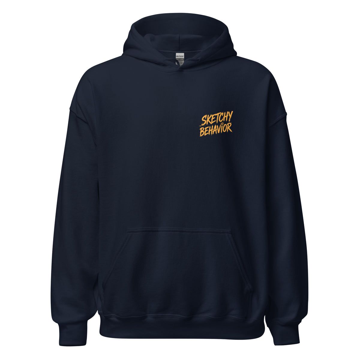 Signature Back Hoodie by Sketchy Behavior, Navy, front view — small antique-gold Sketchy Behavior wordmark on the left chest, unisex pullover hoodie