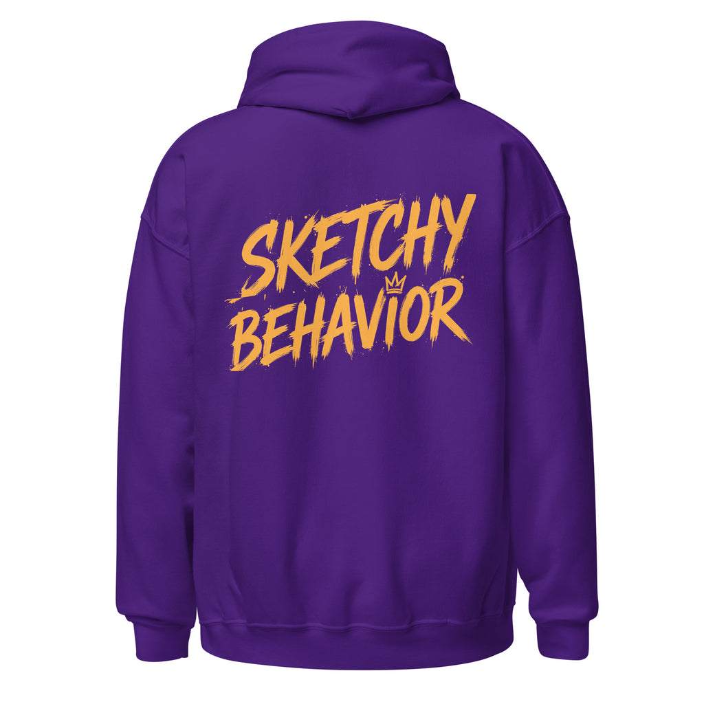 Signature Back Hoodie by Sketchy Behavior, Purple, back view — large antique-gold Sketchy Behavior wordmark across the back, unisex pullover hoodie
