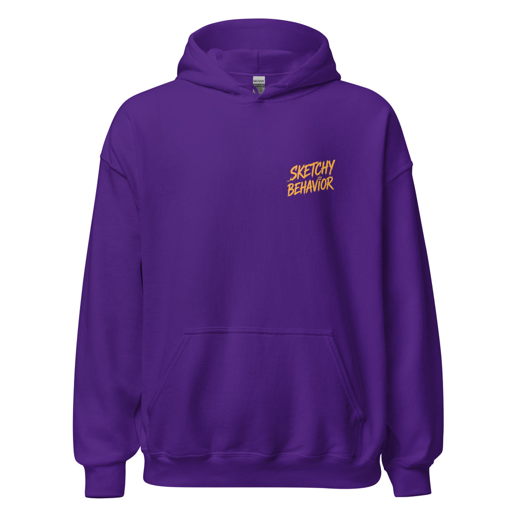 Signature Back Hoodie by Sketchy Behavior, Purple, front view — small antique-gold Sketchy Behavior wordmark on the left chest, unisex pullover hoodie