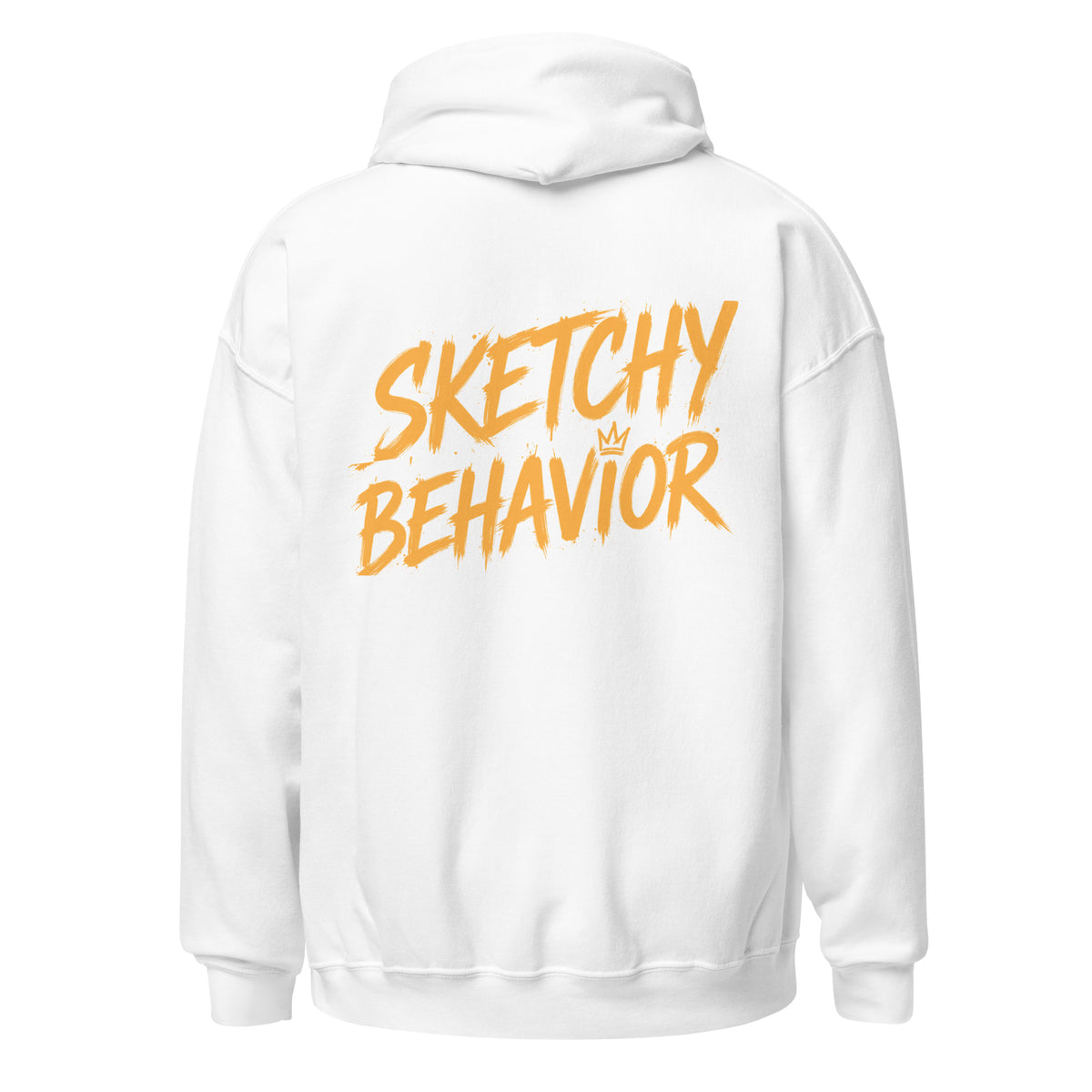 Signature Back Hoodie by Sketchy Behavior, White, back view — large antique-gold Sketchy Behavior wordmark across the back, unisex pullover hoodie