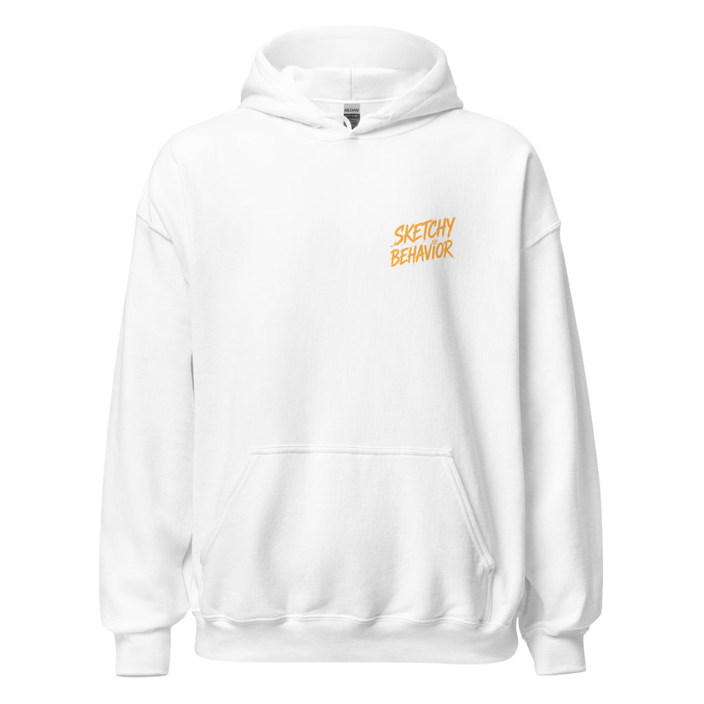 Signature Back Hoodie by Sketchy Behavior, White, front view — small antique-gold Sketchy Behavior wordmark on the left chest, unisex pullover hoodie