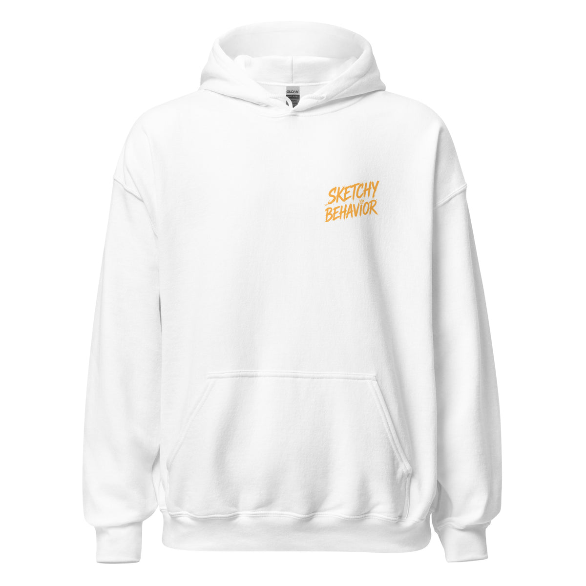 Signature Back Hoodie by Sketchy Behavior, White, front view — small antique-gold Sketchy Behavior wordmark on the left chest, unisex pullover hoodie