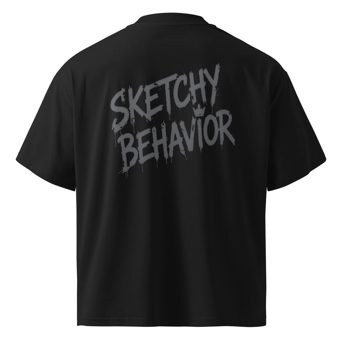 Blaster 2.0 unisex organic oversized high-neck t-shirt in Black, back view — large tonal "Sketchy Behavior" spray-style wordmark across the back
