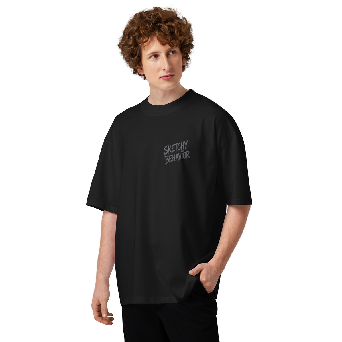 Blaster 2.0 unisex organic oversized high-neck t-shirt in Black, second front view — small tonal chest lettering, oversized fit with a wide high collar