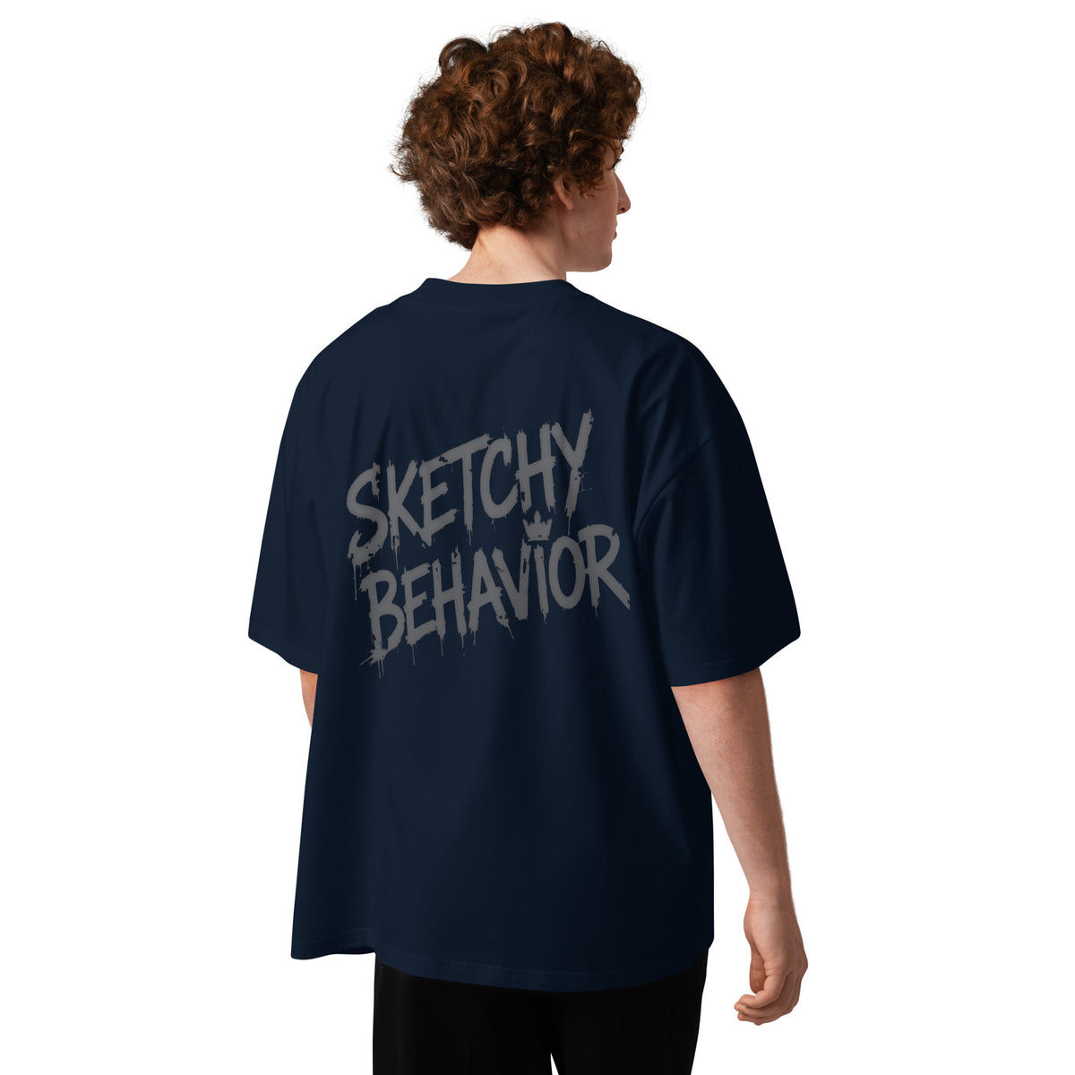 Blaster 2.0 unisex organic oversized high-neck t-shirt in French Navy, second back view — large black spray-style wordmark across the back