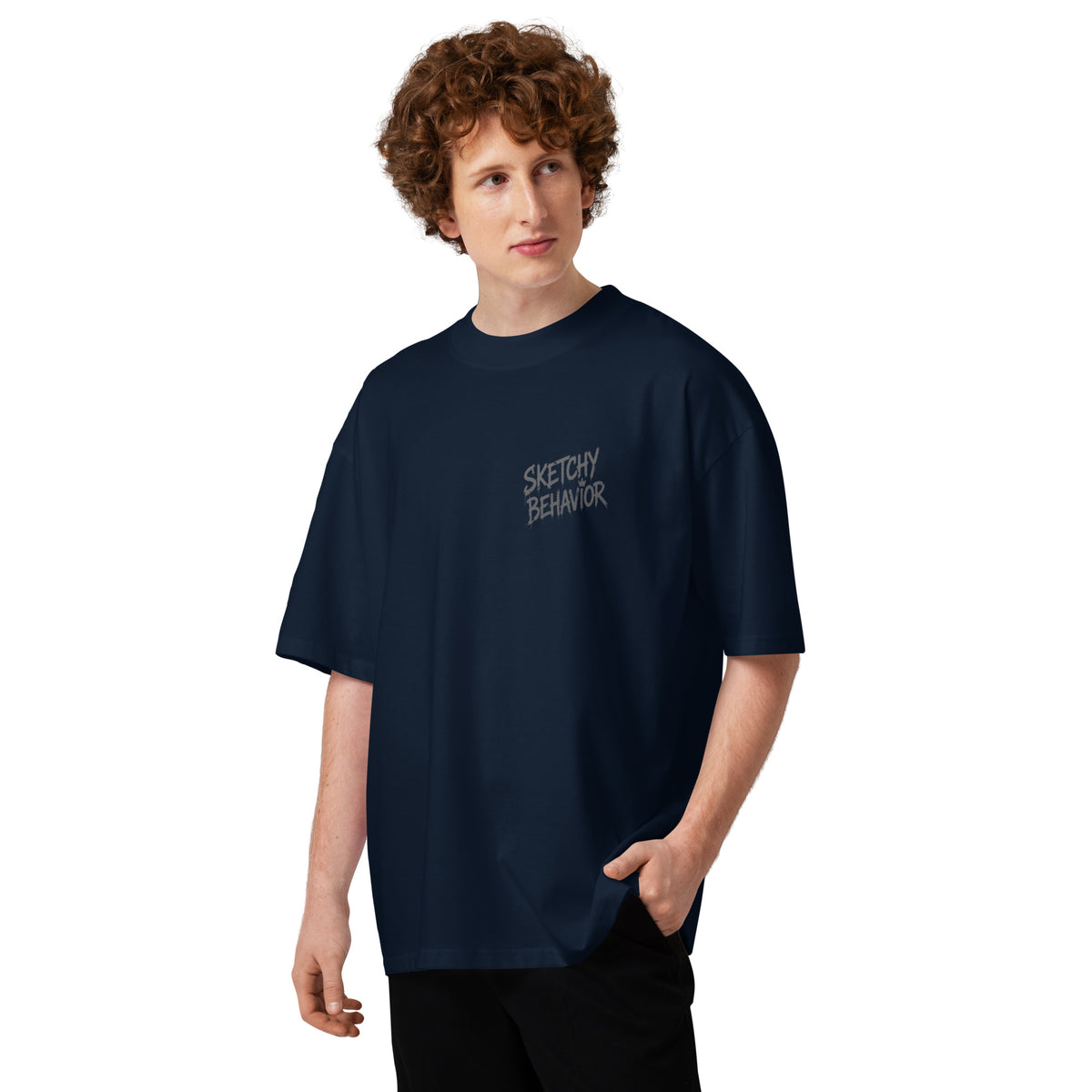 Blaster 2.0 unisex organic oversized high-neck t-shirt in French Navy, second front view — small chest lettering in black spray style, wide collar and dropped shoulders
