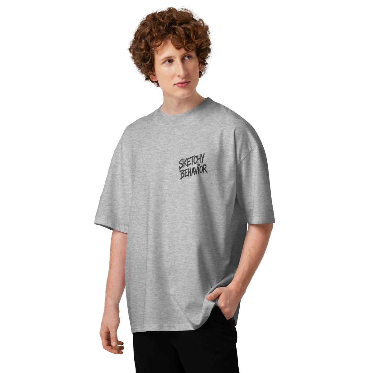Blaster 2.0 unisex organic oversized high-neck t-shirt in Heather Grey, second front view — small black chest lettering in spray style on an oversized high-neck tee