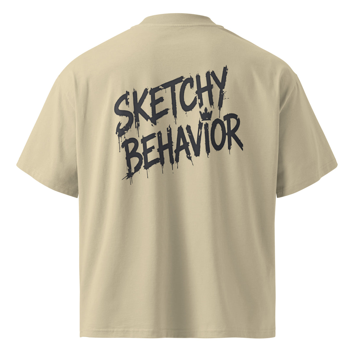 Blaster 2.0 unisex organic oversized high-neck t-shirt in Stone, back view — large black "Sketchy Behavior" spray-style wordmark across the back