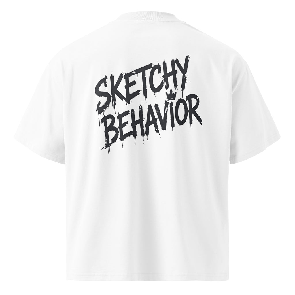 Blaster 2.0 unisex organic oversized high-neck t-shirt in White, back view — large black "Sketchy Behavior" spray-style wordmark across the back