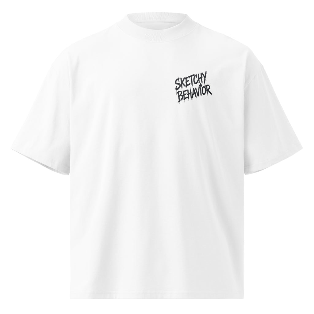 Blaster 2.0 unisex organic oversized high-neck t-shirt in White, front view — small black "Sketchy Behavior" spray-style lettering on the left chest