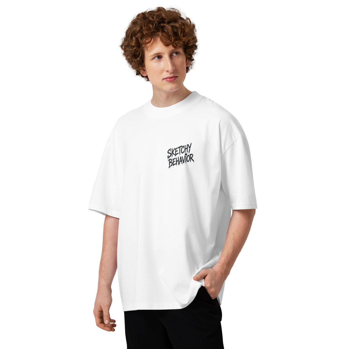 Blaster 2.0 unisex organic oversized high-neck t-shirt in White, second front view — small black spray-style chest lettering, dropped shoulders